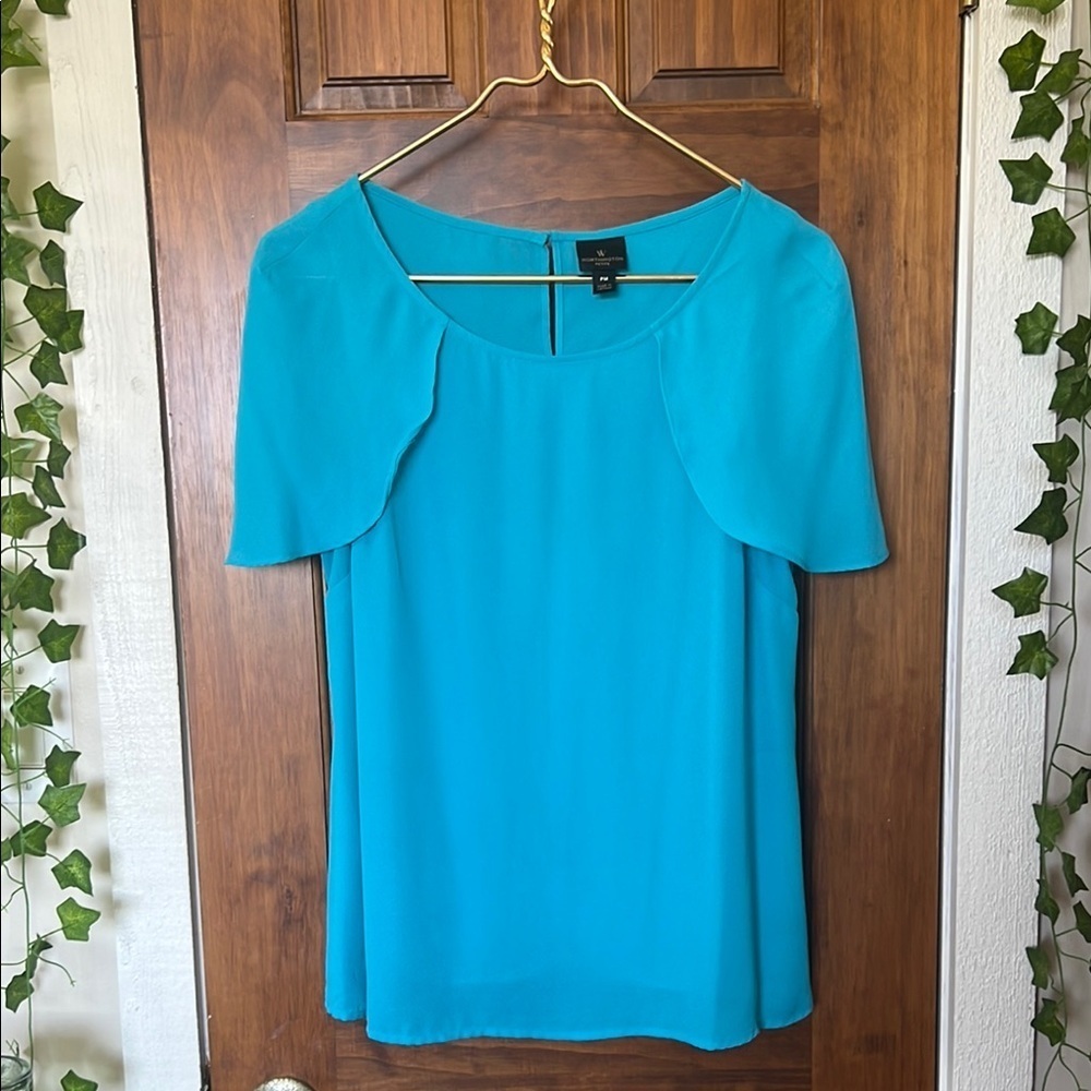 WORTHINGTON Turquoise Blue Flutter Cape Sleeve Blouse | Petite Medium
